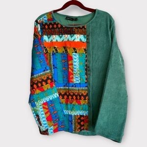 Zanzea Mixed Media Corduroy Top Ethnic Print Buttoned Women’s XXL Green Spl…